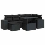 7-Piece Garden Sofa Set with Cushions Black Poly Rattan Wicker Outdoor Patio Furniture