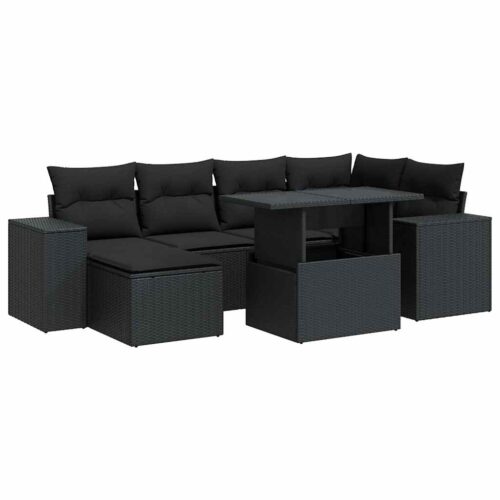 7-Piece Garden Sofa Set with Cushions Black Poly Rattan Wicker Outdoor Patio Furniture - Image 13