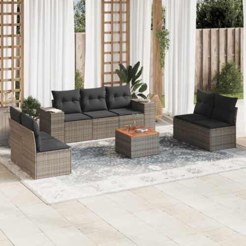 8-Piece Garden Sofa Set with Cushions Grey Poly Rattan Wicker Outdoor Patio Furniture - Image 2