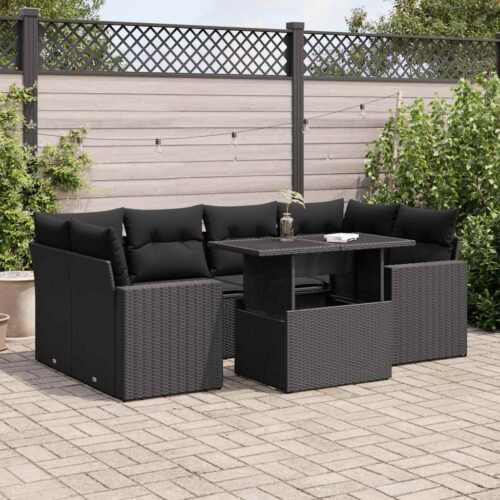 7-Piece Garden Sofa Set with Cushions Black Poly Rattan Wicker Outdoor Patio Furniture - Image 2