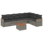 8-Piece Garden Sofa Set with Cushions Grey Poly Rattan Wicker Outdoor Patio Furniture