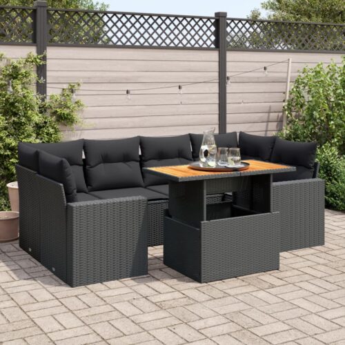 7-Piece Garden Sofa Set with Cushions Black Poly Rattan Wicker Outdoor Patio Furniture - Image 2