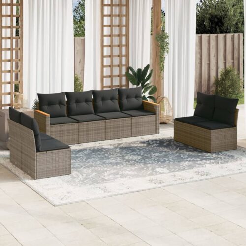 8-Piece Garden Sofa Set with Cushions Grey Poly Rattan Wicker Outdoor Patio Furniture - Image 2