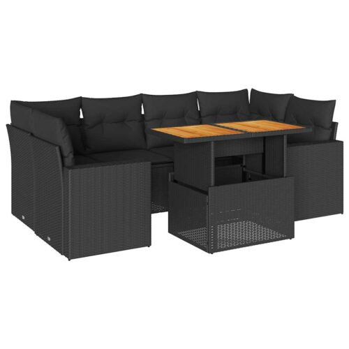 7-Piece Garden Sofa Set with Cushions Black Poly Rattan Wicker Outdoor Patio Furniture - Image 13