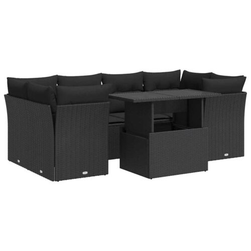 7-Piece Garden Sofa Set with Cushions Black Poly Rattan Wicker Outdoor Patio Furniture - Image 13