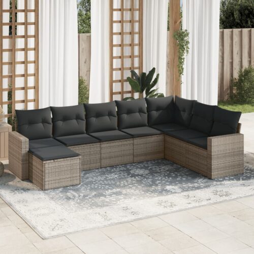 8-Piece Garden Sofa Set with Cushions Grey Poly Rattan Wicker Outdoor Patio Furniture - Image 2