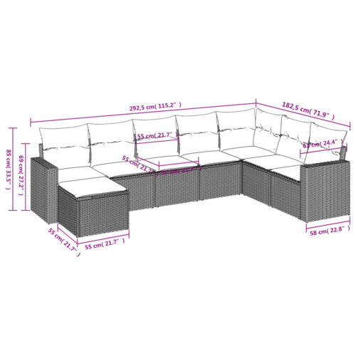 8-Piece Garden Sofa Set with Cushions Grey Poly Rattan Wicker Outdoor Patio Furniture - Image 3