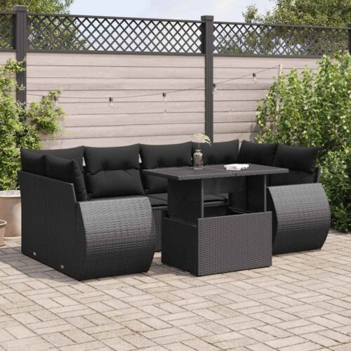 7-Piece Garden Sofa Set with Cushions Black Poly Rattan Wicker Outdoor Patio Furniture - Image 2