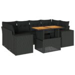7-Piece Garden Sofa Set with Cushions Black Poly Rattan Wicker Outdoor Patio Furniture