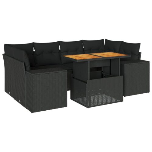 7-Piece Garden Sofa Set with Cushions Black Poly Rattan Wicker Outdoor Patio Furniture