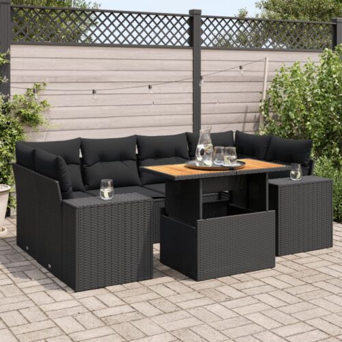 7-Piece Garden Sofa Set with Cushions Black Poly Rattan Wicker Outdoor Patio Furniture - Image 2