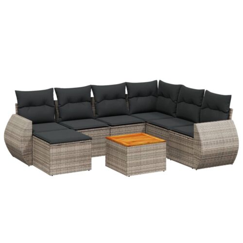 8-Piece Garden Sofa Set with Cushions Grey Poly Rattan Wicker Outdoor Patio Furniture