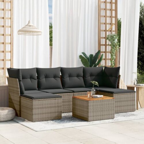 7-Piece Garden Sofa Set with Cushions Grey Poly Rattan Wicker Outdoor Patio Furniture - Image 2