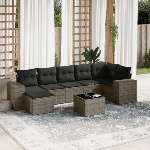 8-Piece Garden Sofa Set with Cushions Grey Poly Rattan Wicker Outdoor Patio Furniture - Image 2