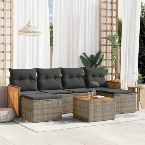 7-Piece Garden Sofa Set with Cushions Grey Poly Rattan Wicker Outdoor Patio Furniture - Image 2