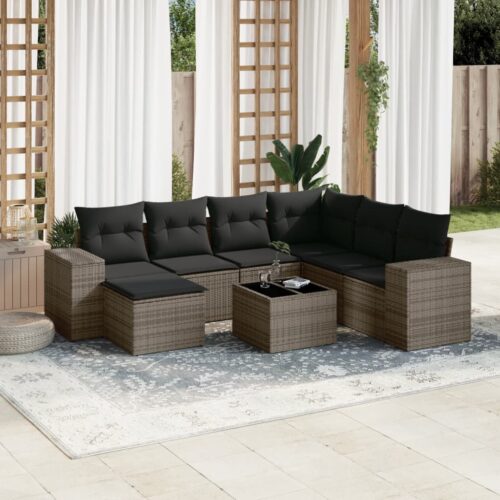 8-Piece Garden Sofa Set with Cushions Grey Poly Rattan Wicker Outdoor Patio Furniture - Image 2