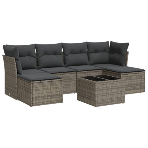 7-Piece Garden Sofa Set with Cushions Grey Poly Rattan Wicker Outdoor Patio Furniture