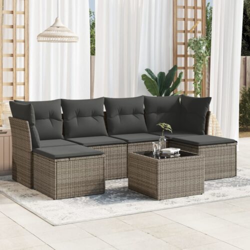 7-Piece Garden Sofa Set with Cushions Grey Poly Rattan Wicker Outdoor Patio Furniture - Image 2