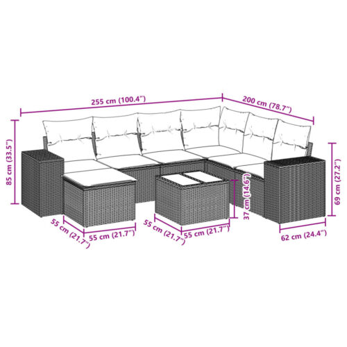 8-Piece Garden Sofa Set with Cushions Grey Poly Rattan Wicker Outdoor Patio Furniture - Image 9