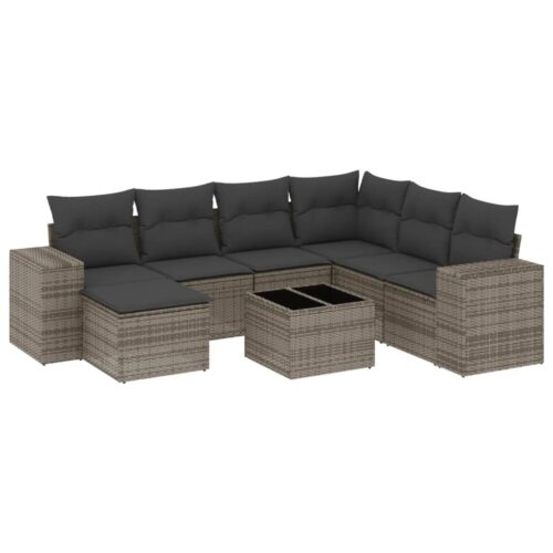 8-Piece Garden Sofa Set with Cushions Grey Poly Rattan Wicker Outdoor Patio Furniture - Image 14