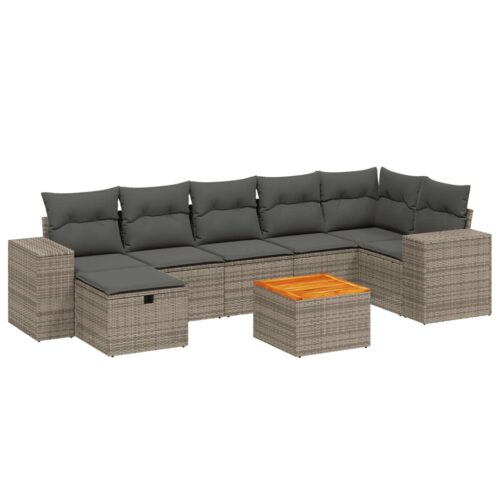8-Piece Garden Sofa Set with Cushions Grey Poly Rattan Wicker Outdoor Patio Furniture