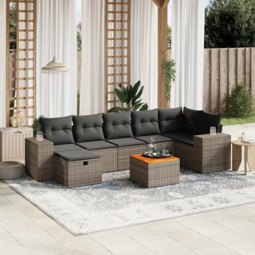 8-Piece Garden Sofa Set with Cushions Grey Poly Rattan Wicker Outdoor Patio Furniture - Image 2