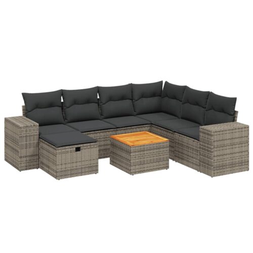 8-Piece Garden Sofa Set with Cushions Grey Poly Rattan Wicker Outdoor Patio Furniture