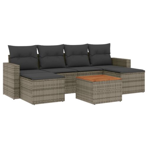 7-Piece Garden Sofa Set with Cushions Grey Poly Rattan Wicker Outdoor Patio Furniture - Image 14