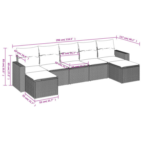 7-Piece Garden Sofa Set with Cushions Grey Poly Rattan Wicker Outdoor Patio Furniture - Image 3