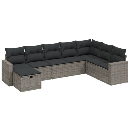 8-Piece Garden Sofa Set with Cushions Grey Poly Rattan Wicker Outdoor Patio Furniture