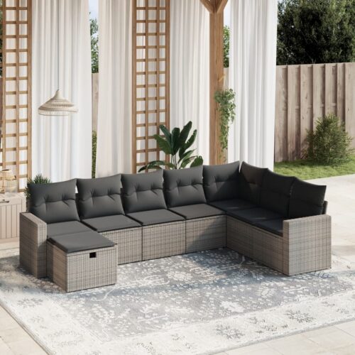 8-Piece Garden Sofa Set with Cushions Grey Poly Rattan Wicker Outdoor Patio Furniture - Image 2