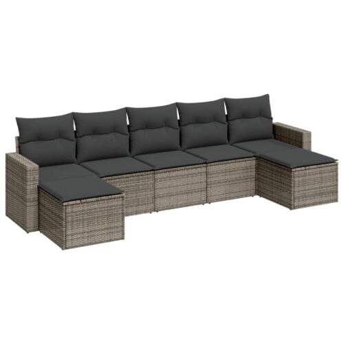 7-Piece Garden Sofa Set with Cushions Grey Poly Rattan Wicker Outdoor Patio Furniture - Image 5