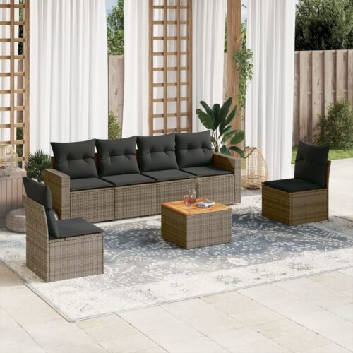 7-Piece Garden Sofa Set with Cushions Grey Poly Rattan Wicker Outdoor Patio Furniture - Image 2