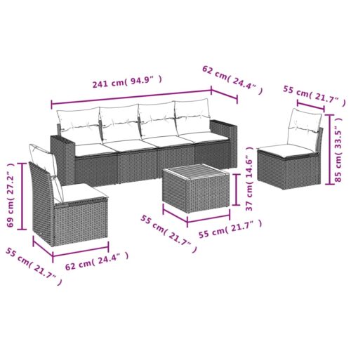7-Piece Garden Sofa Set with Cushions Grey Poly Rattan Wicker Outdoor Patio Furniture - Image 3