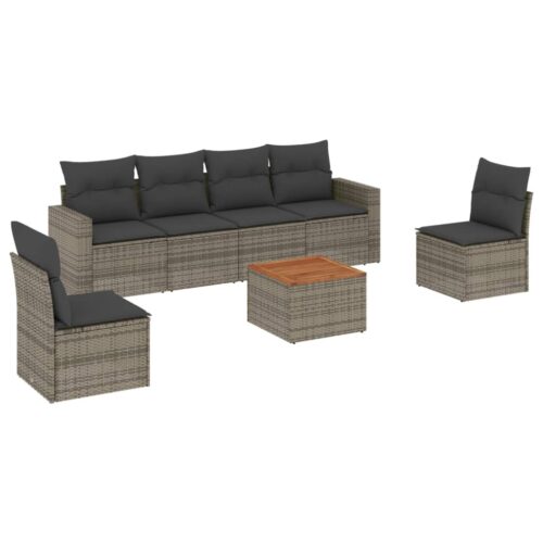 7-Piece Garden Sofa Set with Cushions Grey Poly Rattan Wicker Outdoor Patio Furniture - Image 5