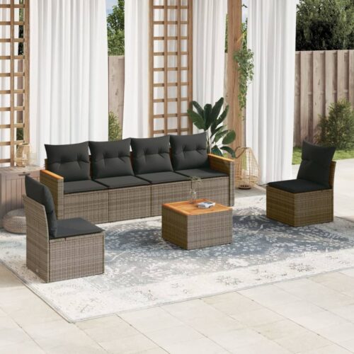 7-Piece Garden Sofa Set with Cushions Grey Poly Rattan Wicker Outdoor Patio Furniture - Image 2
