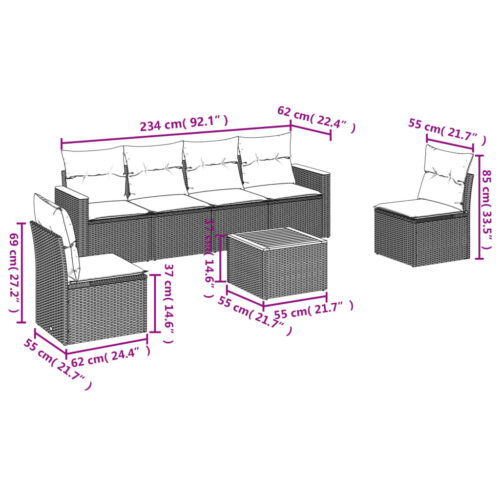 7-Piece Garden Sofa Set with Cushions Grey Poly Rattan Wicker Outdoor Patio Furniture - Image 7