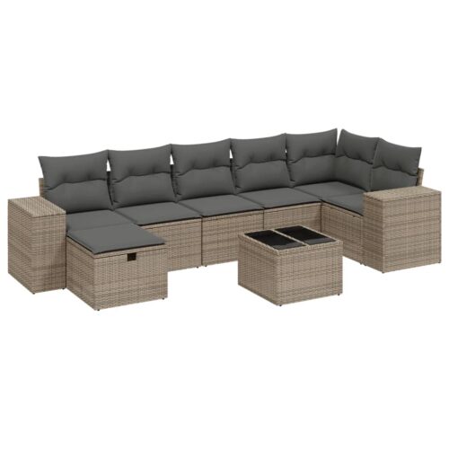8-Piece Garden Sofa Set with Cushions Grey Poly Rattan Wicker Outdoor Patio Furniture