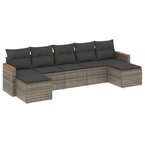 7-Piece Garden Sofa Set with Cushions Grey Poly Rattan Wicker Outdoor Patio Furniture