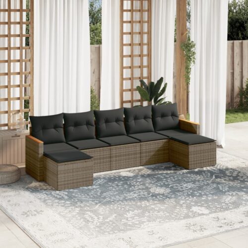 7-Piece Garden Sofa Set with Cushions Grey Poly Rattan Wicker Outdoor Patio Furniture - Image 2
