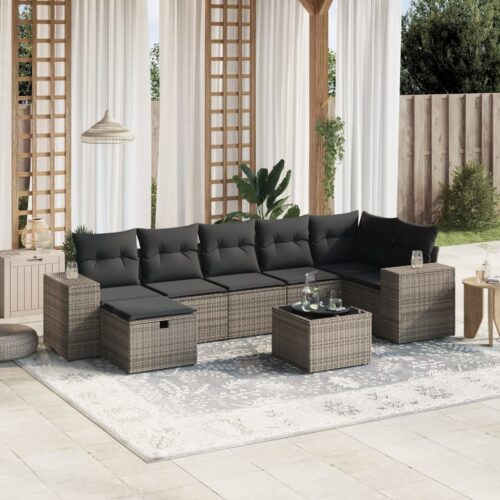 8-Piece Garden Sofa Set with Cushions Grey Poly Rattan Wicker Outdoor Patio Furniture - Image 2