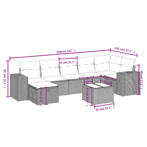 8-Piece Garden Sofa Set with Cushions Grey Poly Rattan Wicker Outdoor Patio Furniture - Image 4