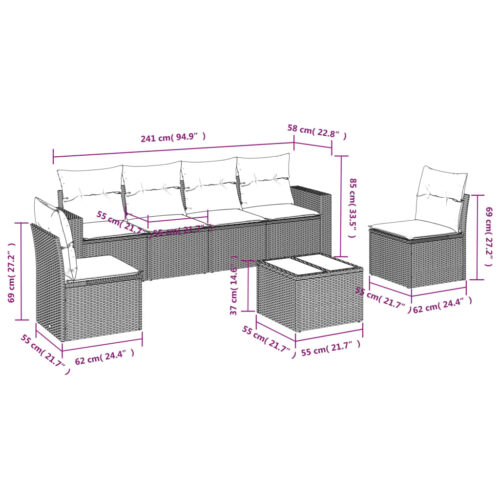 7-Piece Garden Sofa Set with Cushions Grey Poly Rattan Wicker Outdoor Patio Furniture - Image 3