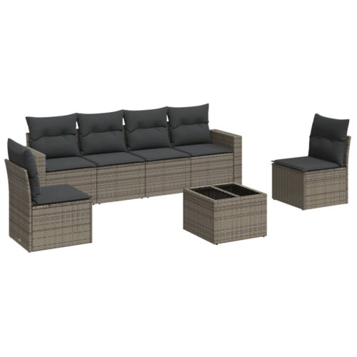 7-Piece Garden Sofa Set with Cushions Grey Poly Rattan Wicker Outdoor Patio Furniture - Image 5