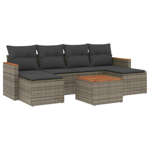 7-Piece Garden Sofa Set with Cushions Grey Poly Rattan Wicker Outdoor Patio Furniture