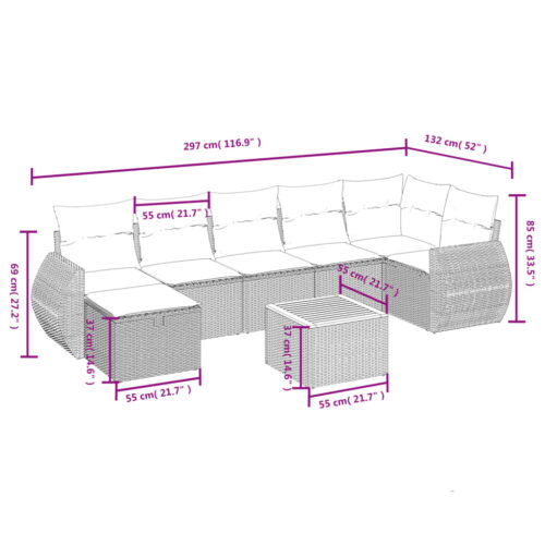 8-Piece Garden Sofa Set with Cushions Grey Poly Rattan Wicker Outdoor Patio Furniture - Image 3