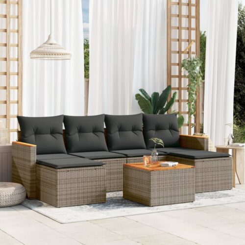 7-Piece Garden Sofa Set with Cushions Grey Poly Rattan Wicker Outdoor Patio Furniture - Image 2