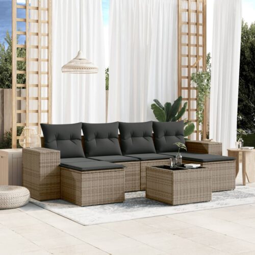 7-Piece Garden Sofa Set with Cushions Grey Poly Rattan Wicker Outdoor Patio Furniture - Image 2