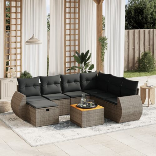 8-Piece Garden Sofa Set with Cushions Grey Poly Rattan Wicker Outdoor Patio Furniture - Image 2
