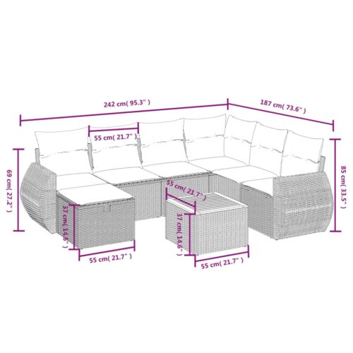 8-Piece Garden Sofa Set with Cushions Grey Poly Rattan Wicker Outdoor Patio Furniture - Image 4